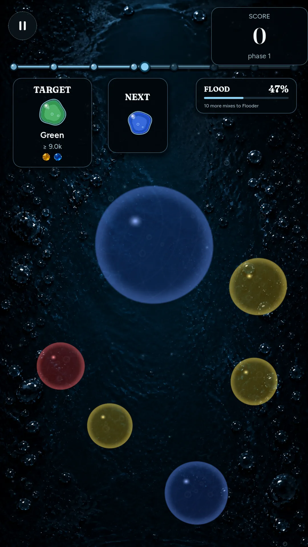 Mixflood: Color Mix water gameplay showing blue and yellow pigment blobs on a dark playfield with a flood meter.