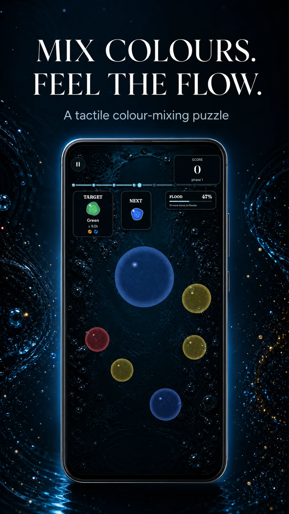 Mixflood: Color Mix marketing artwork showing a phone game board with colourful pigment blobs, target colours, and a rising flood.