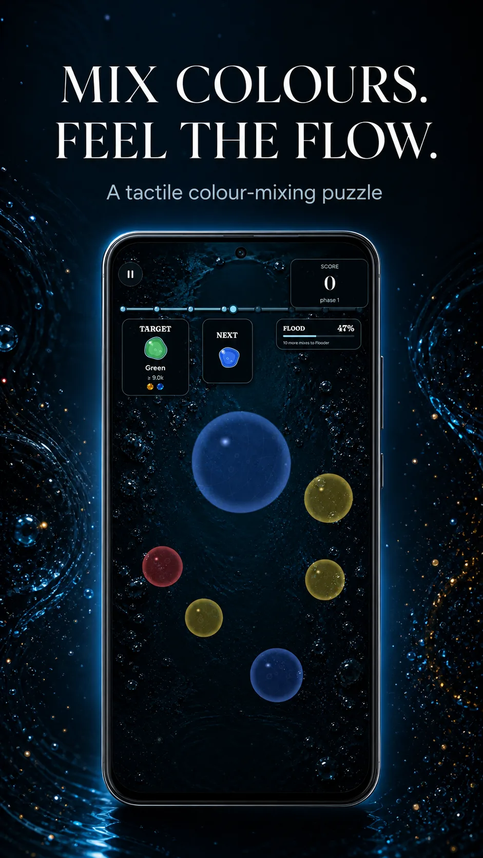 Mixflood: Color Mix marketing artwork showing a phone game board with colourful pigment blobs, target colours, and a rising flood.