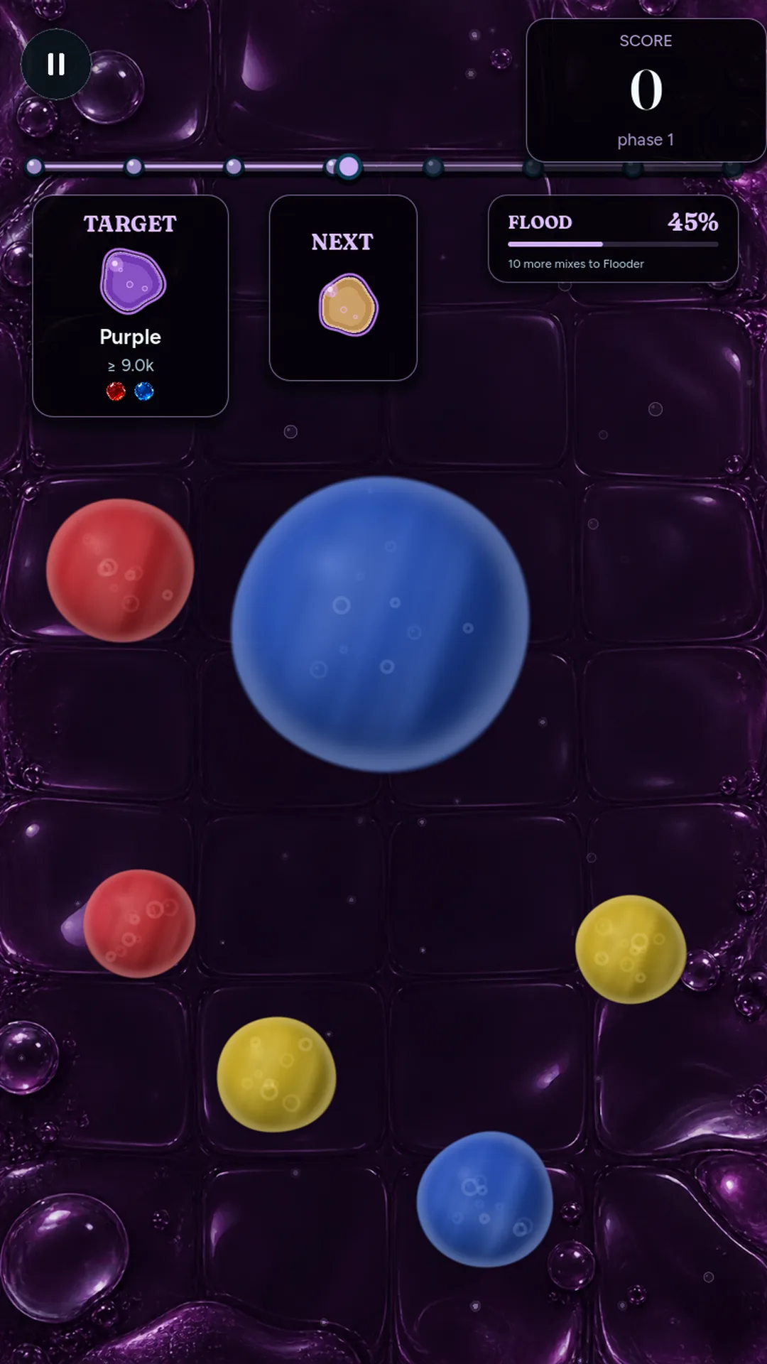 Mixflood: Color Mix jelly gameplay showing soft blue blobs stretching across a purple playfield.
