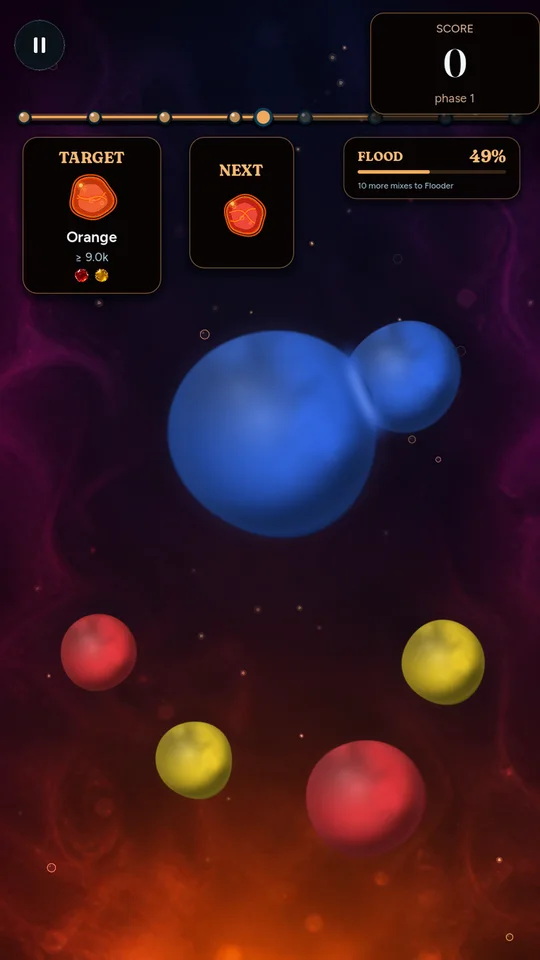 Mixflood: Color Mix lava-lamp wax gameplay showing dense red and yellow blobs drifting through a warm playfield.