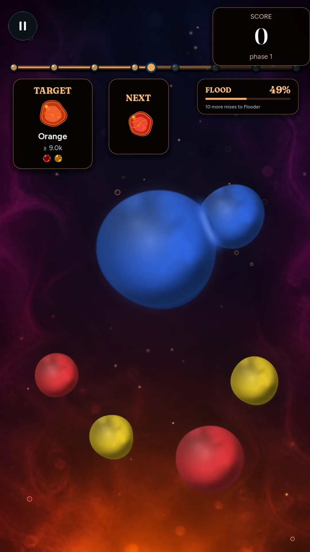 Mixflood: Color Mix lava-lamp wax gameplay showing dense red and yellow blobs drifting through a warm playfield.