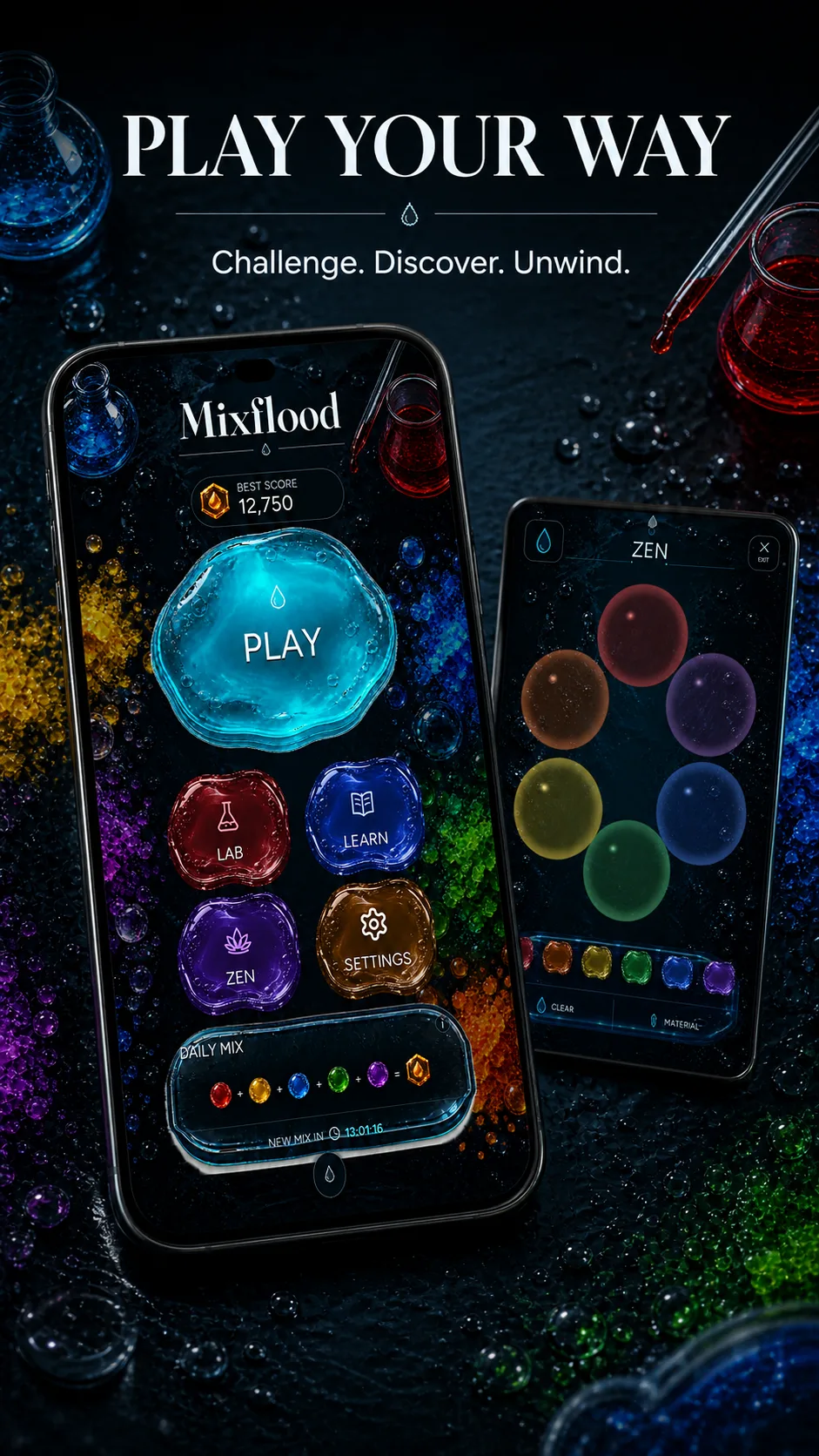 Mixflood: Color Mix marketing artwork showing the main menu, Daily Mix, and Zen Studio modes.