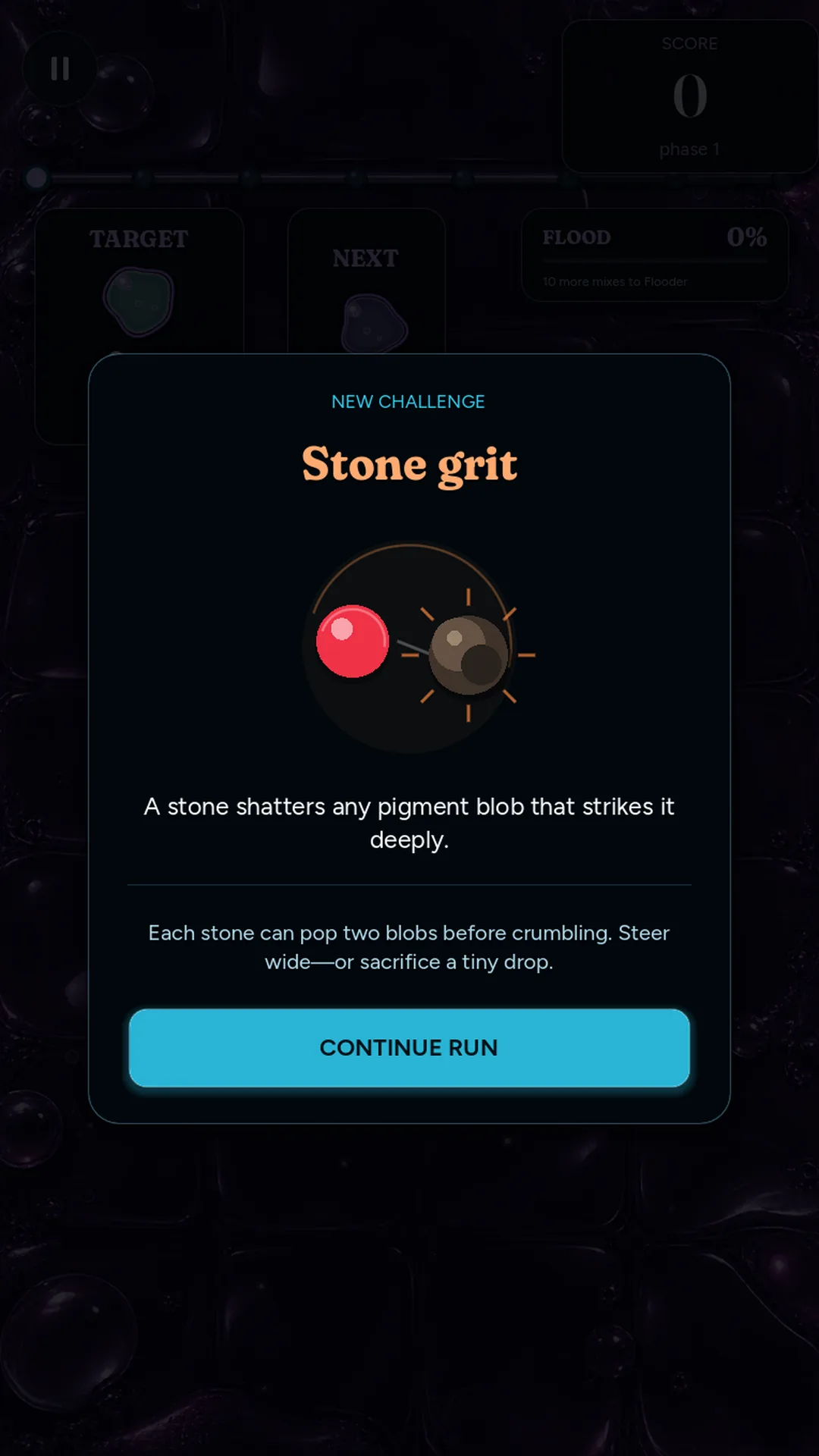 Mixflood: Color Mix challenge introduction screen explaining hazards and the next puzzle.