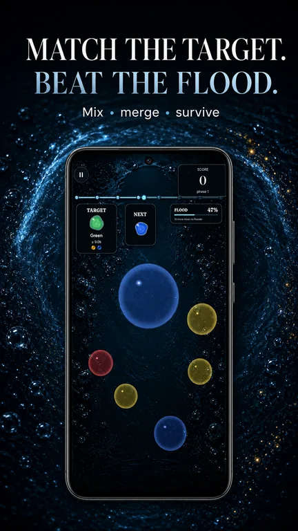 Mixflood: Color Mix marketing artwork showing a target-colour puzzle board with a flood ring around the playfield.