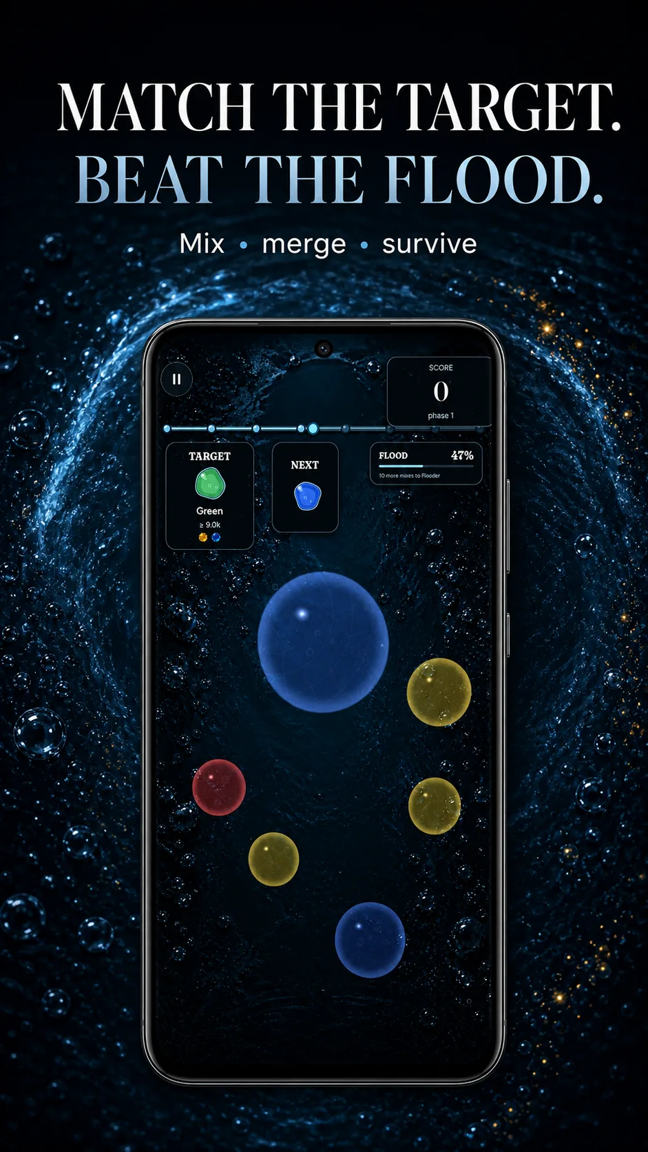 Mixflood: Color Mix marketing artwork showing a target-colour puzzle board with a flood ring around the playfield.
