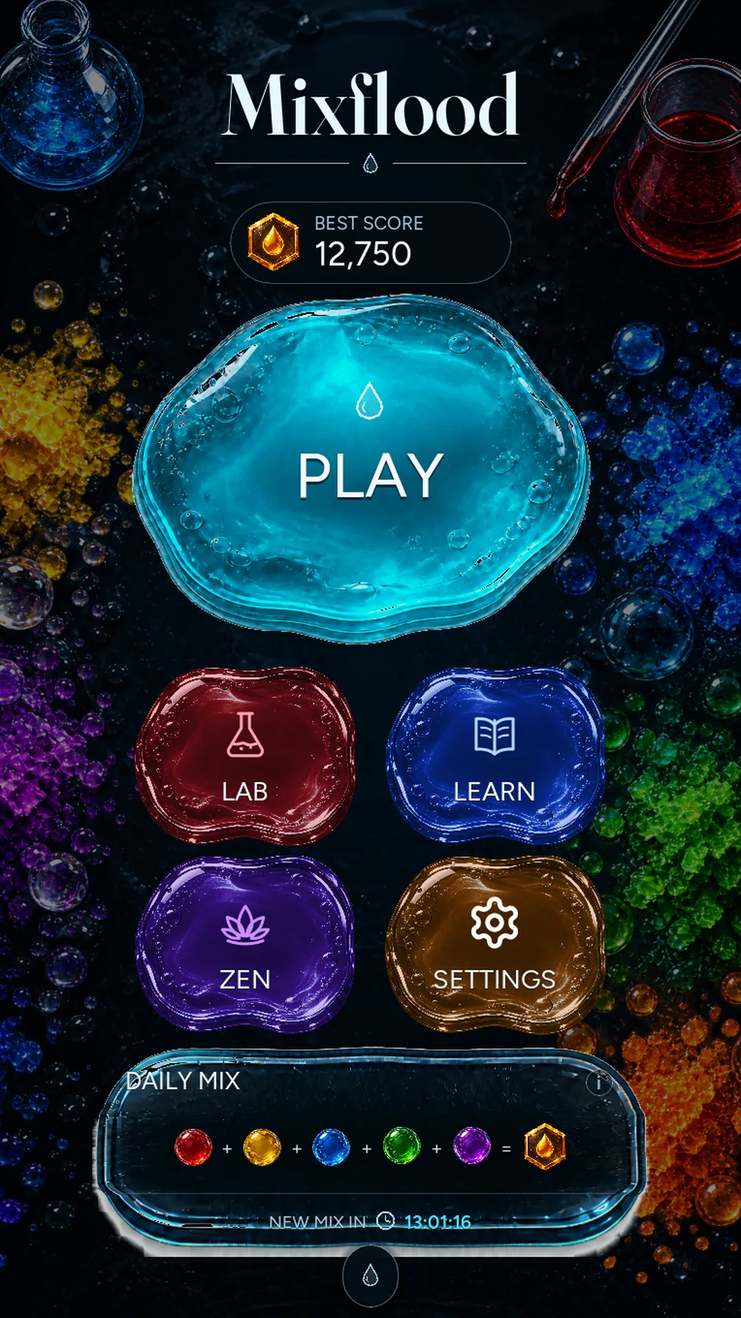 Mixflood: Color Mix modes screen showing Play, Lab, Learn, Zen, Settings, and Daily Mix.