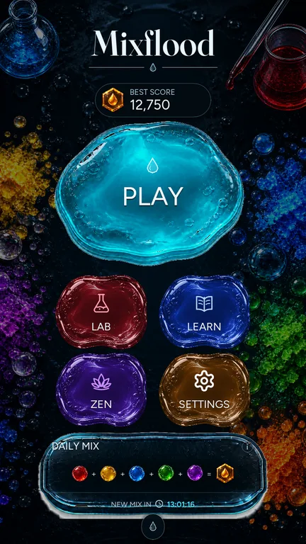 Mixflood: Color Mix modes screen showing Play, Lab, Learn, Zen, Settings, and Daily Mix.