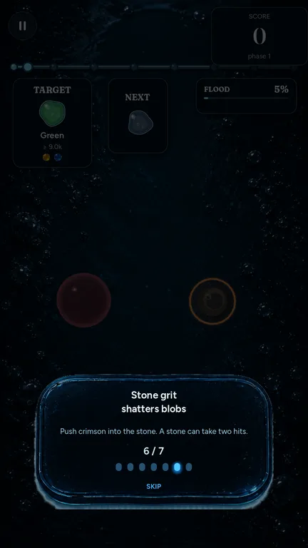 Mixflood: Color Mix learning screen showing stone grit as a hazard that can shatter pigment blobs.
