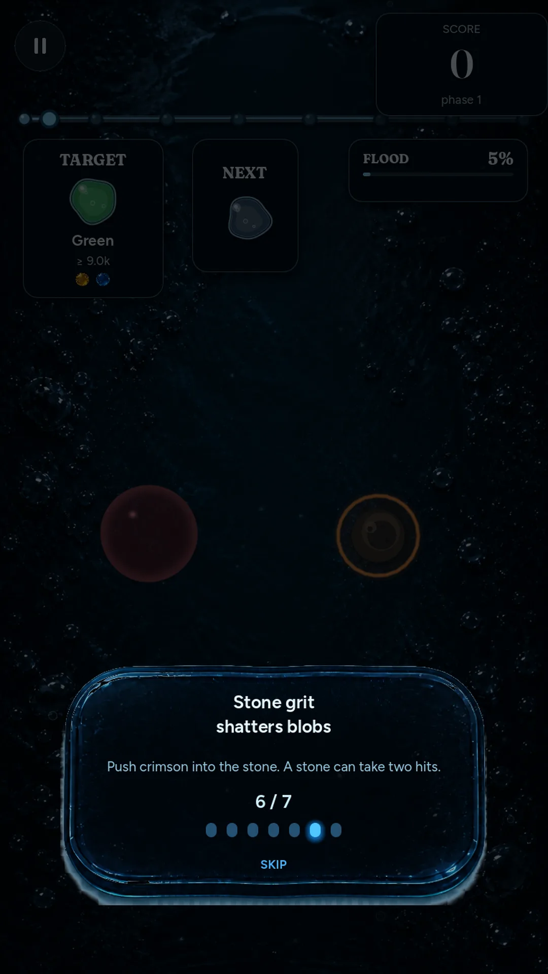 Mixflood: Color Mix learning screen showing stone grit as a hazard that can shatter pigment blobs.