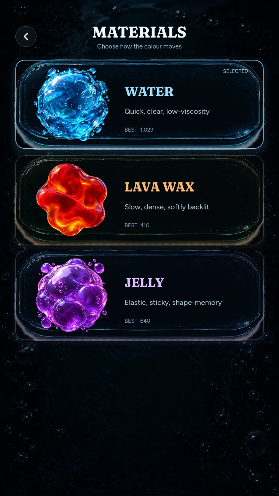 Mixflood: Color Mix materials screen showing the available pigment and material choices.